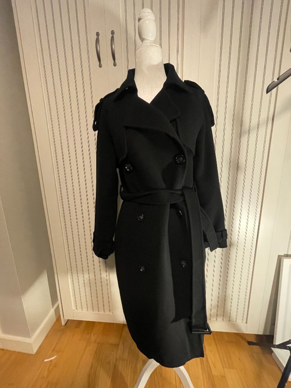 Vintage Black Double-Breasted Wool 80% Cashmere 20% (100%) Blend Trench Coat